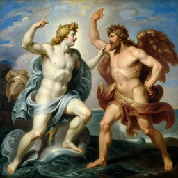 attractive god neptune arguing with handsome god poseidon about who rules the oceans, painting by gaston bussiere, craig mullins, j. c. leyendecker,