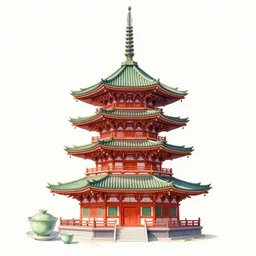 watercolour painting of a pagoda, green and red accents, tea drinking