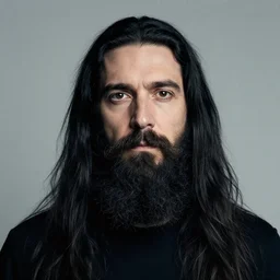 portrait of an unkle blue moon with long black hair and beard, by jean delville