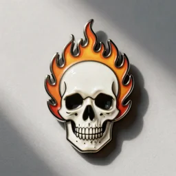 a retro minimalistic menacing clean skull with fire flame enamel pin, hd, artstation