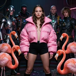 beautiful fantasy character portrait, natalie portman, wearing oversized puffy pink bomber jacket and black shorts, ultra realistic, wide angle, dramatic lighting, flamingoes, very seductive pose, cyberpunk artifacts, highly detailed by peter mohrbacher, hajime sorayama, wayne barlowe, boris vallejo, aaron horkey, gaston bussiere, craig mullins