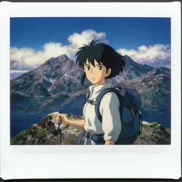over view ( polaroid ) film still portrait of a 1 9 5 0's adventurer hiker girl atop a big mountain, finely detailed features, perfect art, water, sun, gapmoe yandere grimdark, trending on pixiv fanbox, painted by greg rutkowski makoto shinkai takashi takeuchi studio ghibli, akihiko yoshida, render man