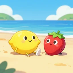 a lemon character and a strawberry character laying on the beach, digital art, hd