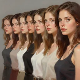 “ a row of identical pretty women, photorealistic, in the style of greg rutkowski, digital painting, high quality ”