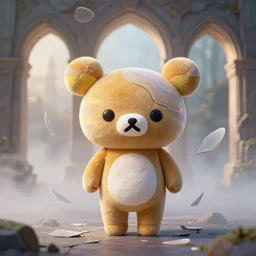 rilakkuma plushie bear! 7 0 mm photograph of cute san - x rila plushie, vellum and mesoglea - translucent layers ambiently occluding and striating, forming a detailed sculptural recreation of the arches from roger dean's paintings emerging from the mist, cracking into smooth floating pieces dappled in polarized sunrise light, cinematic, 8 k