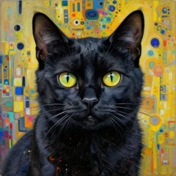 black noir cat portrait an oil painting splashes with many colors and shapes by gustav klimt greg rutkowski and alphonse mucha, polycount, generative art, psychedelic, fractalism, glitch art