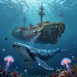 a highly detailed artstation concept art 8 k render of lost city under deep sea, james paick, greg rutkowski, sunken ship, whale, coral, jellyfish, cinematic lighting, peter mohrbacher, game asset, unreal engine, illustration, digital painting, sharp focus,, golden ratio, mythological, ultra realistic