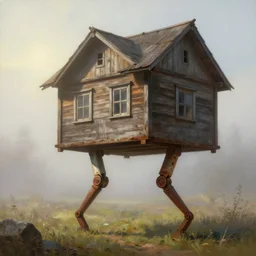 a wood house walking with two mechanical legs, rust, hyperrealistic, highly detailed, cinematic, single ray of sun, fog, beautiful, cgssociety, artstation, 8 k, oil painting