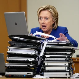 a candid photo of hillary clinton as she desperately tries, unsuccessfully, to shred a large stack of laptops.