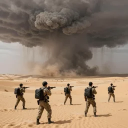 Desert storm conflict in the style of Hajime Katoki