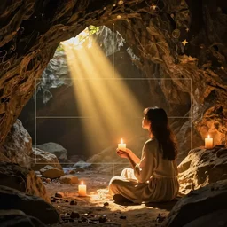 sitting in a cave with candlelight by disney concept artists, blunt borders, rule of thirds, golden ratio, godly light