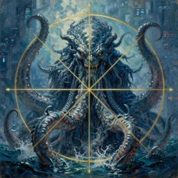 Head Mysterious monster Cthulhu in the sea, huge tentacles sticking out of the water, oil on canvas, cold colors, perfect composition, golden ratio, beautiful detailed, photorealistic, digital painting, artstation, concept art, smooth, sharp focus, illustration, cyberpunk background, artstation trending, octane render, unreal engine