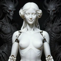 waist up, front view of beautiful white cyborg goddess smiling, by william - adolphe bouguereaum artgerm and hr giger and zdzislaw beksinski, matte painting, hyperdetailed, coherent, single face, symmetry, symmetrical face, art nouveau, beautiful render, concept art