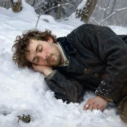 portrait of a man sleeping in the snow. painting by limbourg brothers