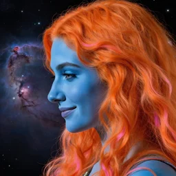 Side profile portrait of attractive Greek celestial goddess with an aquiline nose looking down with a gentle smile. Her blue face is emerging from her big wavy orange hair with pink highlights. Her hair fills most of the image. Hubble space telescope image of nebula.