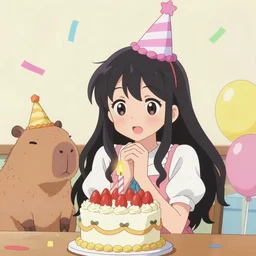 anime girl, wearing birthday hat, with a birthday cake, beside a capybara, confetti, in the style of anime