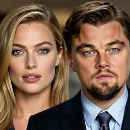 leonardo dicaprio as the wolf of wall street next to margot robbie as naomi from the wolf of wall street, hyper realistic faces, detailed and hyper realistic eyes, cinematic, long shot, hyper detailed, 8 5 mm photograph, 8 k resolution, film still, sharp lens, wide lens