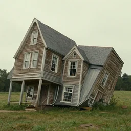the upside down house, film still from the movie directed by denis villeneuve with art direction by salvador dali, wide lens