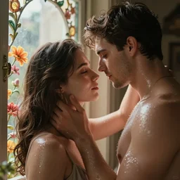 spectacular photograph in ancient hyperrealist style of a couple in love near a decorated window. beautiful lighting. flowers. clear face. subsurface scattering shiny skin. beautiful lighting, 4 k post - processing, trending in art station, cg society, highly detailed, 5 k extremely detailed, 3 d. cinematic scene. sharp image.