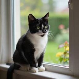 tuxedo cat looking sadly out the window at a beautiful garden wishing he could go outside photorealistic trending on art station