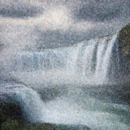 a waterfall,  mist and swirly clouds in the background, fantastic landscape, hyperrealism, no blur, 4k resolution, ultra detailed, style of Anton Fadeev, Ivan Shishkin, John Berkey
