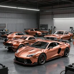 combine some random sport car with a classic muscle car with copper paint, in a workshop, concept art style by pablo carpio. global illumination ray tracing render. full view.