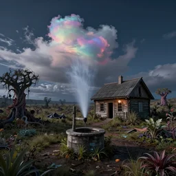 nocturnal landscape view of an iridescent spray of clouds coming out from a water well near an old wood cottage in a desolate wasteland full of overgrown strange vegetation. detailed, soft light, sharp focus, intricate, trending artstayion, digital art