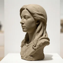 a detailed clay bust of bernadette peters against a white photo backdrop, side lighting, museum photography, crisp details