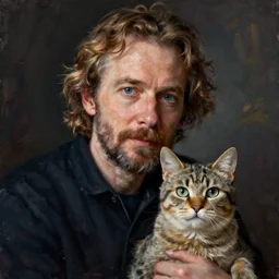portrait of writer charlle stross and his cat, by chuck close