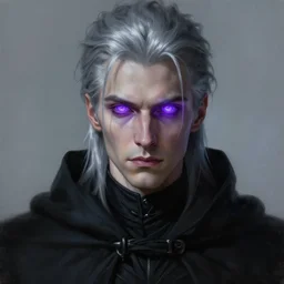 portrait of a man with glowing purple eyes, silver hair, wearing a black cloak, concept art, cinematic lighting, detailed face, highly detailed, painting by greg rutkowski