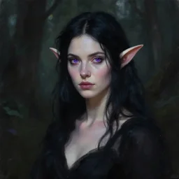 portrait painting of female forest elf black hair, purple eyes, black dress, dramatic light, 8 k, by greg rutkowski