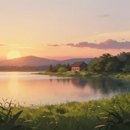 a serene landscape with a singular building near a lake at sunset in anime style, 8k, low saturation, high quality, high detail