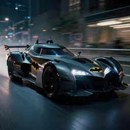 A film still of the 2025 Batmobile prototype racing through Gotham at night, 8k