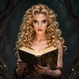 full body and face Adriana Chechik, as a pretty witch with blonde curly hair, holding a glowing spell book with runes in the cover , dark fantasy, symmetrical face two identical symmetrical eyes,feminine figure, smooth skin,gorgeous, pretty face, beautiful body, revealing outfit, high detail, realistic, cgsociety, artgerm, trending on artstation
