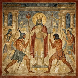 The battle of the Chaos Gods, religious illustration, found in an ancient temple
