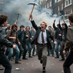 2 4 mm color photograph of geert wilders, shouting, crazy eyes, raising a morningstar weapon in the air and running towards a group of scared people in amsterdam, atmospheric lighting, by joel meyerowitz, by saul leiter