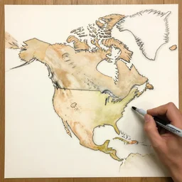 painting of woolie madden poorly outlining the shape of north america with a marker