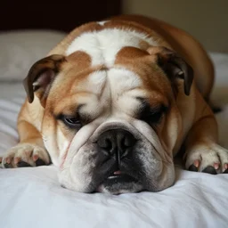 a closeup, 4 5 mm, portrait of a sleeping english bulldog in a bed, on a pillow, low light, 4 5 mm, by franz lanting