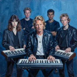 8 0's synthesizer band, new wave, anton corbijn, blueish atmospheric lighting. highly detailed painting by greg rutkowski.