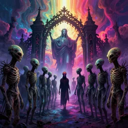 [ palate ] [ vibrant gothic colors ] lost alien souls congregating and waiting in line at the gates of hell, vibrant neon nebulous clouds, radiant light rays, photorealistic illustration, intricate and fine details, volumetric lighting, artstation, god figure at the gate