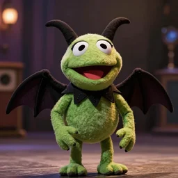 a chibi plush goth mantaray muppet, in the style of the muppets, with character design by spongebob the musical on broadway, real, photograph, cinematic