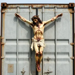 judas betrays jesus on rusty shipping container,