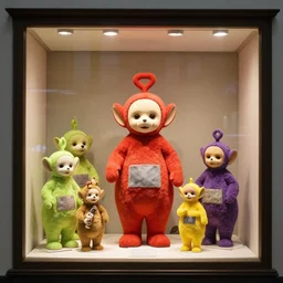 diorama windowstore vitrine at the american museum of natural history, new york, of very realistic dissected teletubbies as furry animals, photography portrait aesthetic by guy bourdin