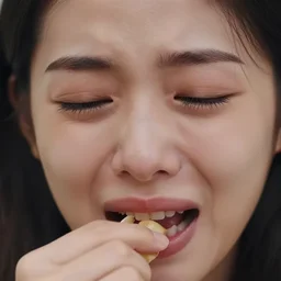 closeup headshot photo of the person crying while eating and eating while crying, detailed face details