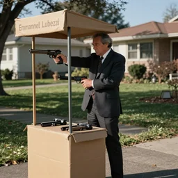 cinematography of man in suit selling guns at little cardboard stand in residential neighborhood by Emmanuel Lubezki