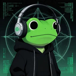 a toad wearing headphones, ryuta ueda artwork, breakcore, style of jet set radio, y 2 k, gloom, space, cel - shaded art style, sacred geometry, data, code, cybernetic, dark, eerie, cyber