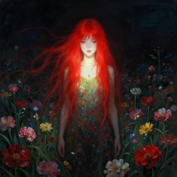 a centered render of a red hair girl, shining its light across a tumultuous sea of flowers, by dorothea tanning, trending on artstation, cyber punk, high contrast, unreal engine, high detailed, 8 k