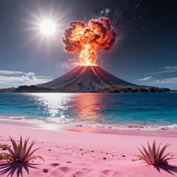 looking from space at exploding volcano in middle of the sea with pink beach and shiny sun in back ground and alien plants on beach