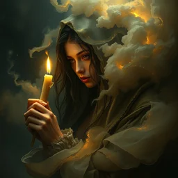 a realistic anime portrait of a woman holding a candle shrouded in mysterious darkness by ellen jewett, tomasz alen kopera and justin gerard, intricate detail, swirling energy, golden treasures, volumetric clouds, grunge, texture, projection of the soul