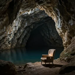 a huge cave, black cave lake, chair stool armchair under a lightbulb, surreal, highly detailed, artstation, smooth, sharp focus, by greg rutkowski, 8 k